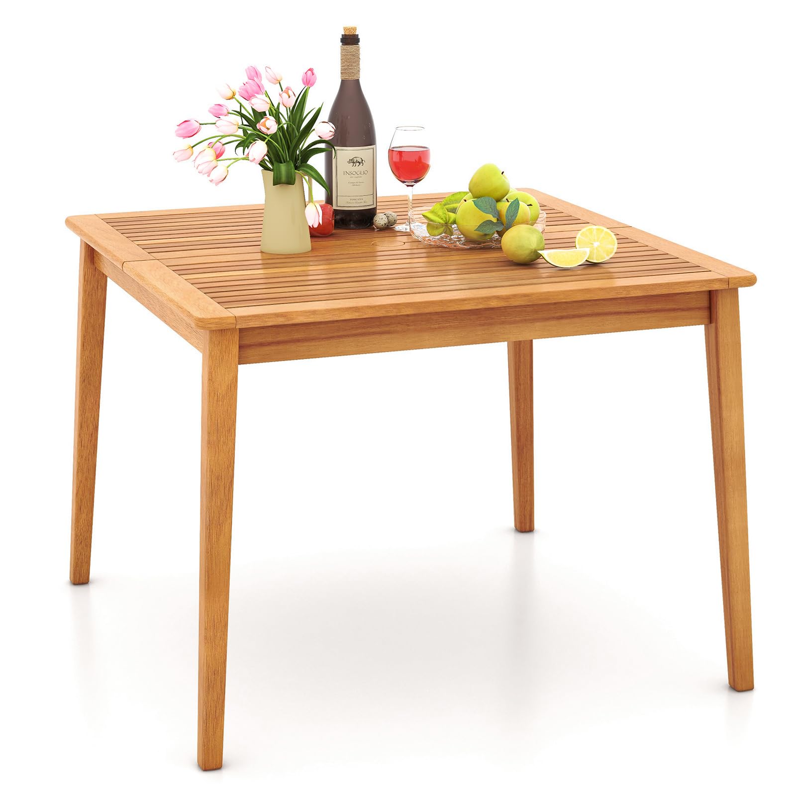 Tangkula – Table de salle à manger carrée d'extérieur en bois d'acacia pour 4 personnes, table de bistrot de 99 cm avec trou pour parasol de 5 cm